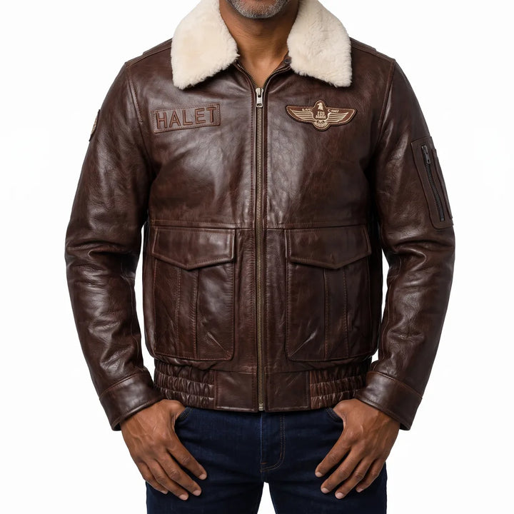 Halet Shearling Aviator Bomber Jacket - Color:Brown;Size:XS