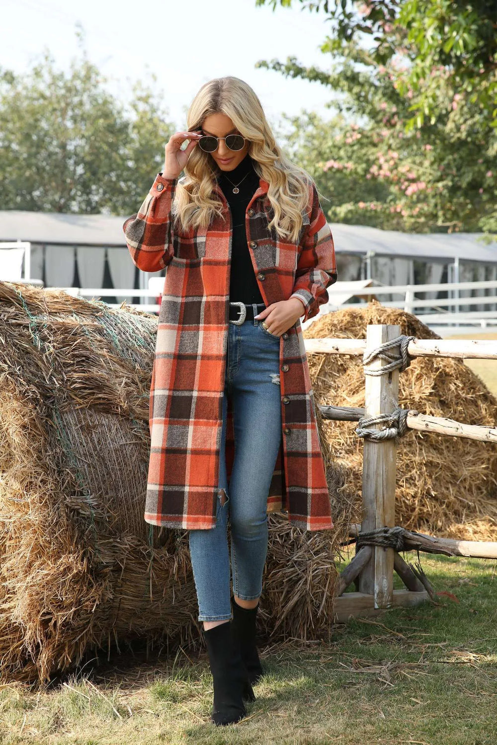 Halle | Women's Plaid Trench Coat - Color:Tangerine;Size:XS
