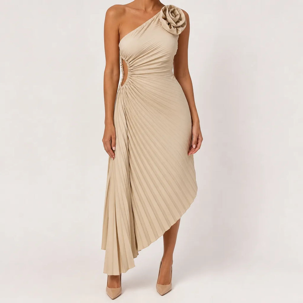 Halwyn | Floral Pleated Homecoming Cocktail Dress - Color:Beige;Size:XS