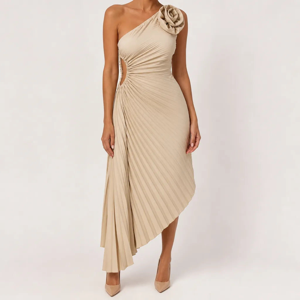 Halwyn | Floral Pleated Homecoming Cocktail Dress - Color:Beige;Size:XS