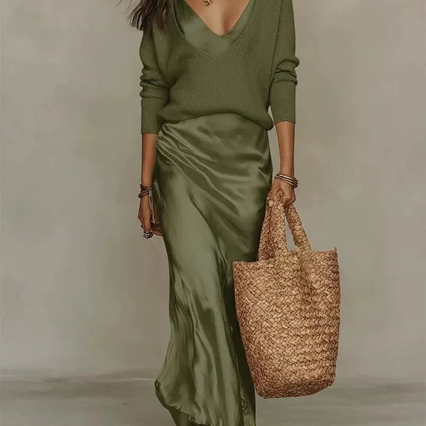 Harriett | Women's Knit Satin Maxi Set  - Size:XS;Color:Green