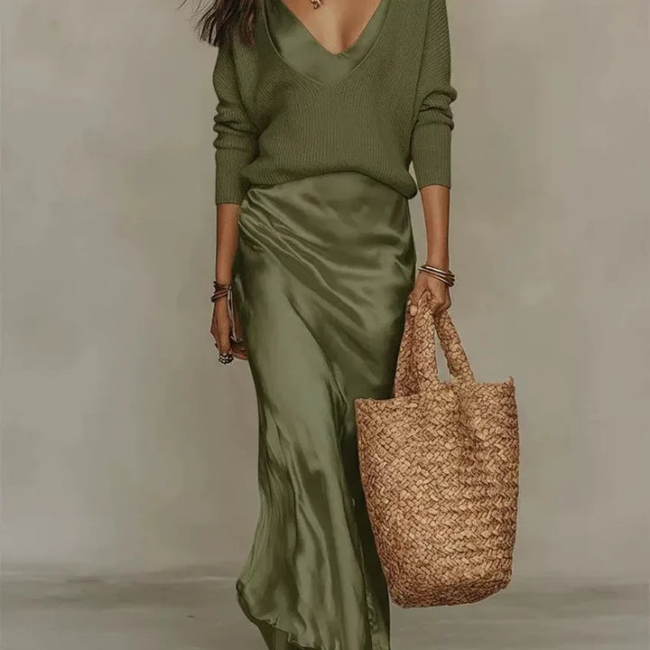 Harriett | Women's Knit Satin Maxi Set  - Size:XS;Color:Green