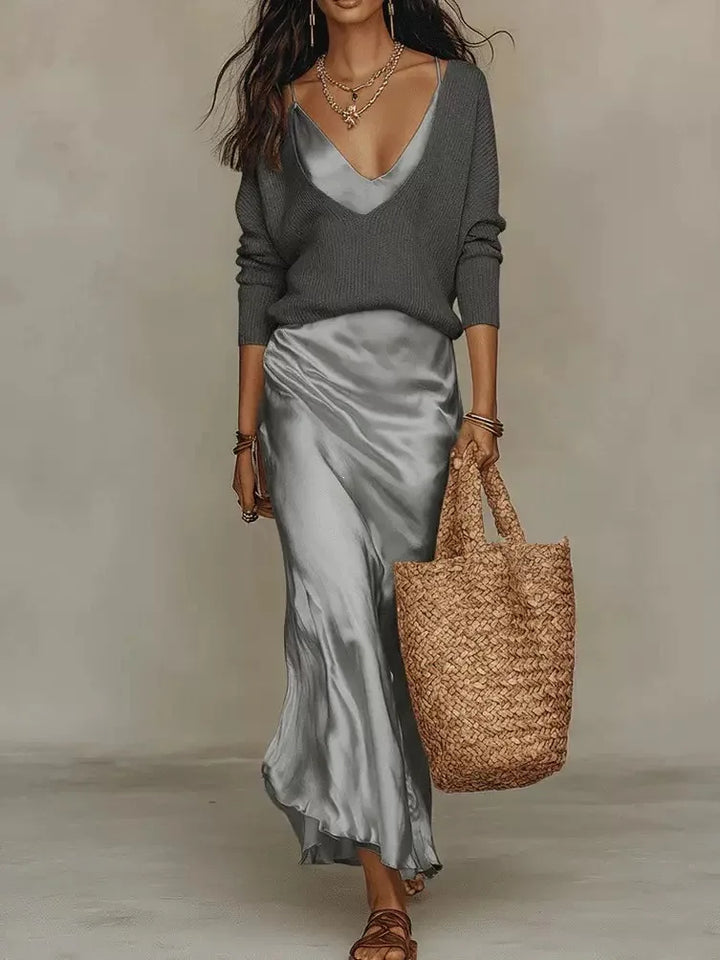 Harriett | Women's Knit Satin Maxi Set  - Size:XS;Color:Grey