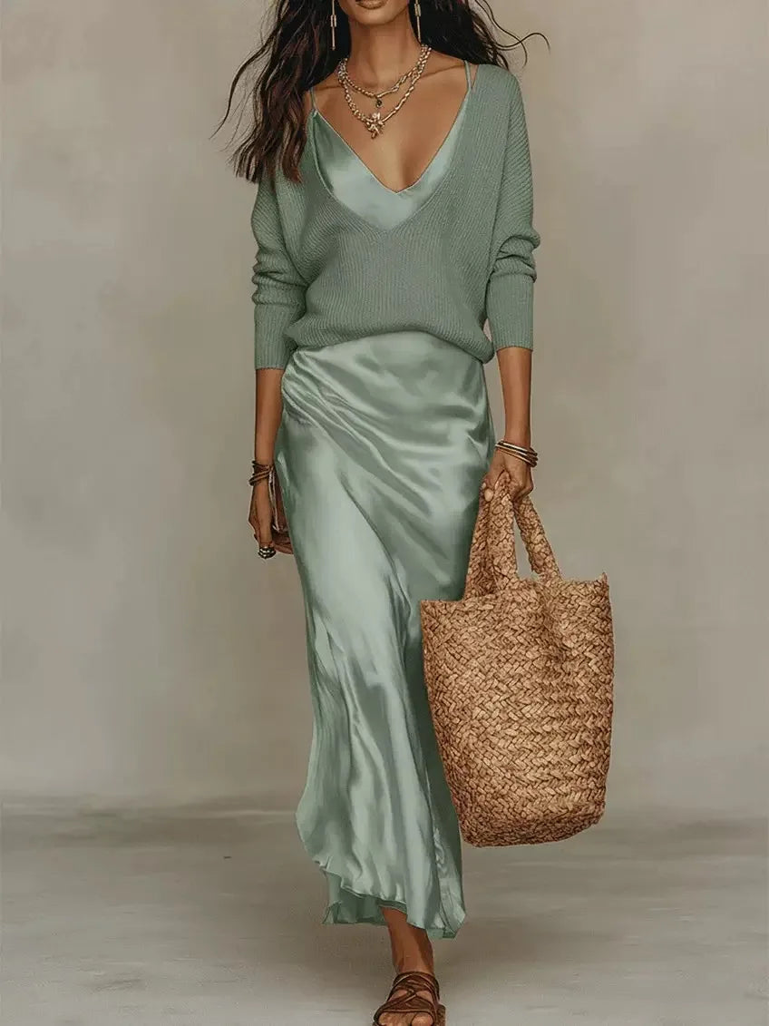 Harriett | Women's Knit Satin Maxi Set  - Size:XS;Color:Light Green