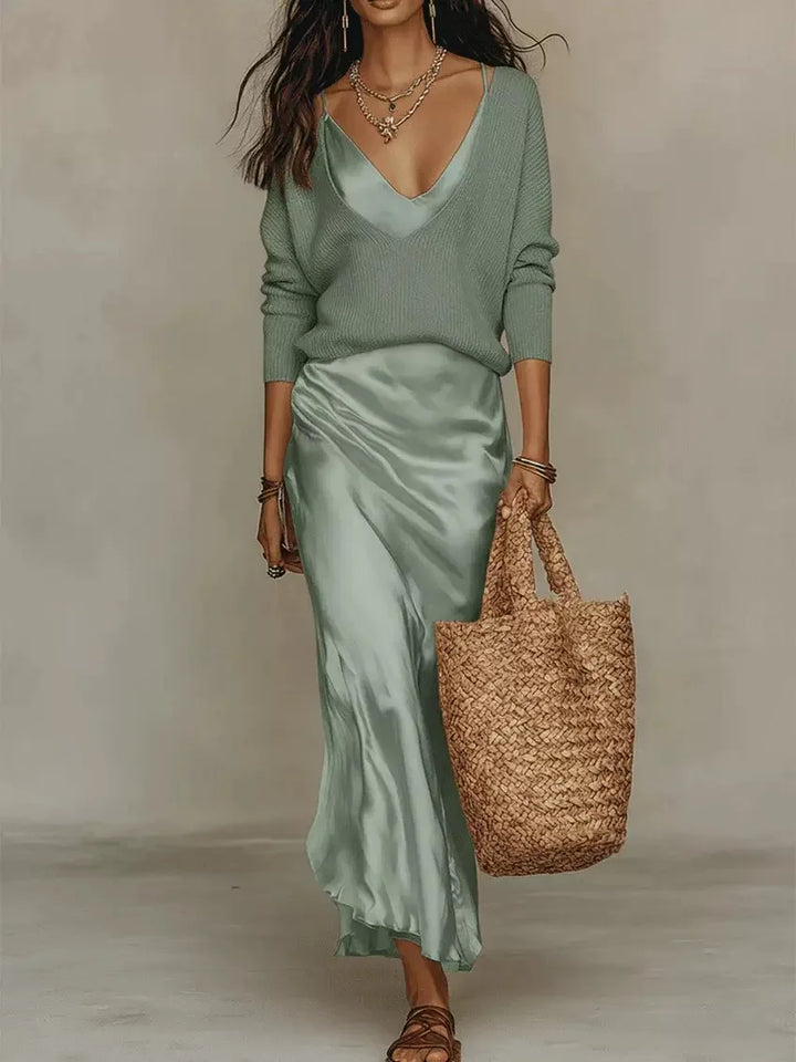 Harriett | Women's Knit Satin Maxi Set  - Size:XS;Color:Light Green