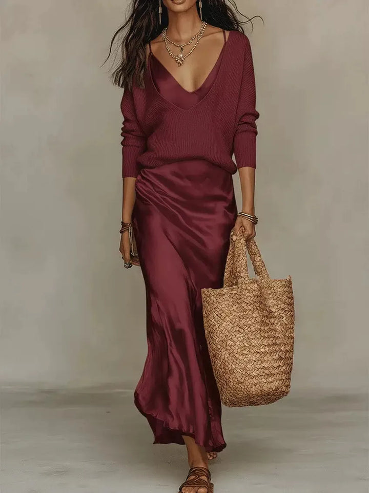 Harriett | Women's Knit Satin Maxi Set  - Size:XS;Color:Red