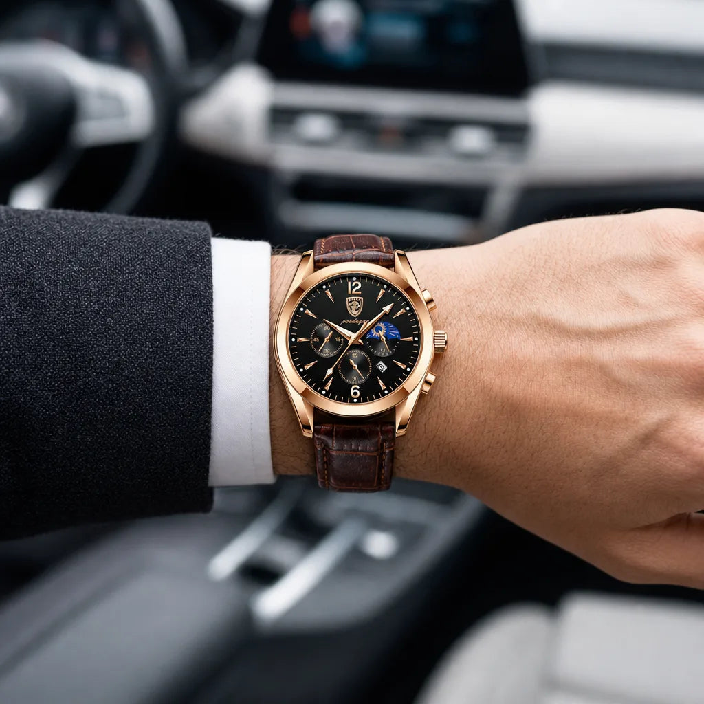 Men's 829 Leather Strap Rose Gold Case Black Dial Harvey Luminous Quartz Watch