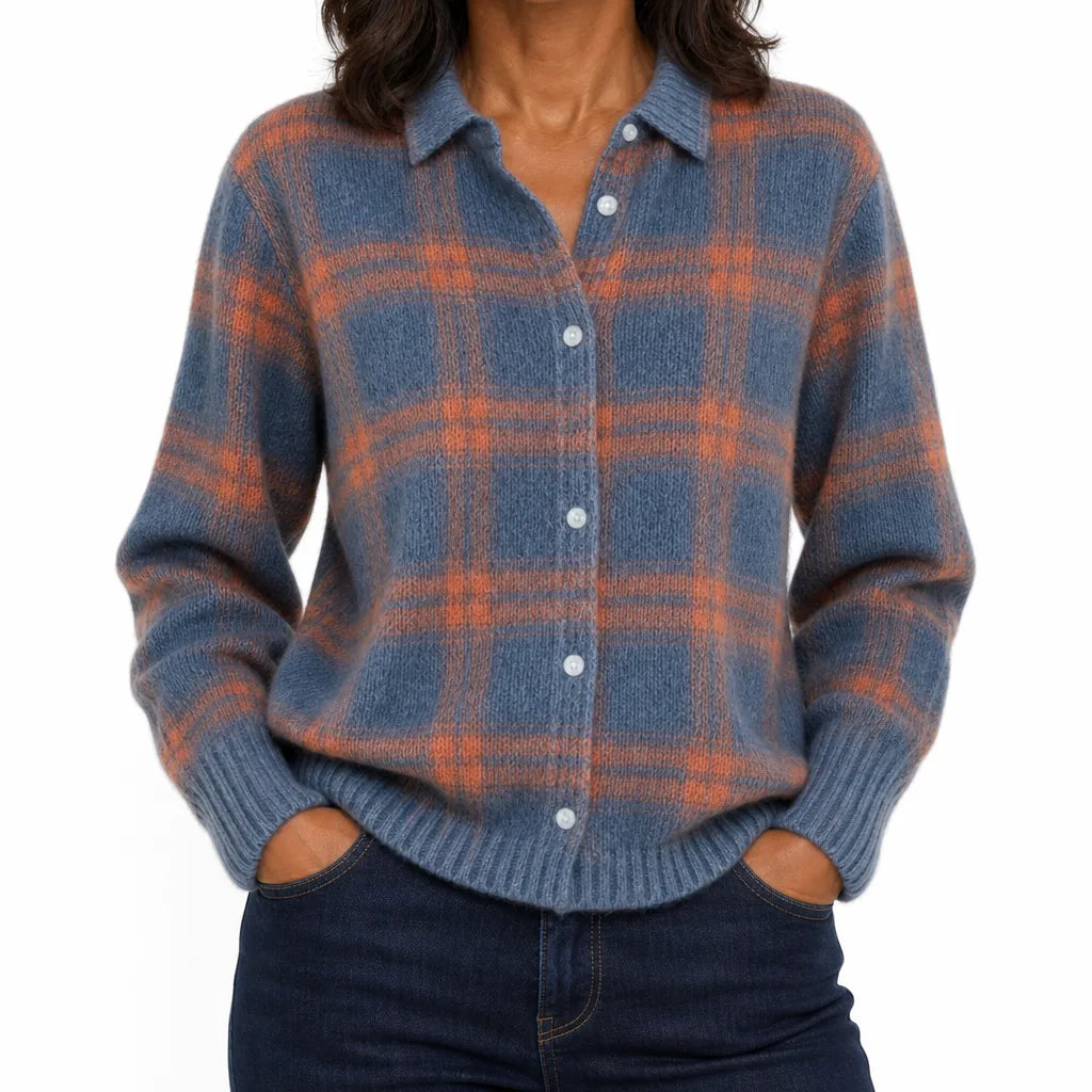 Hazel | Women's Classic Plaid Cardigan Shirt - Size:XS;Color:Dusty Blue