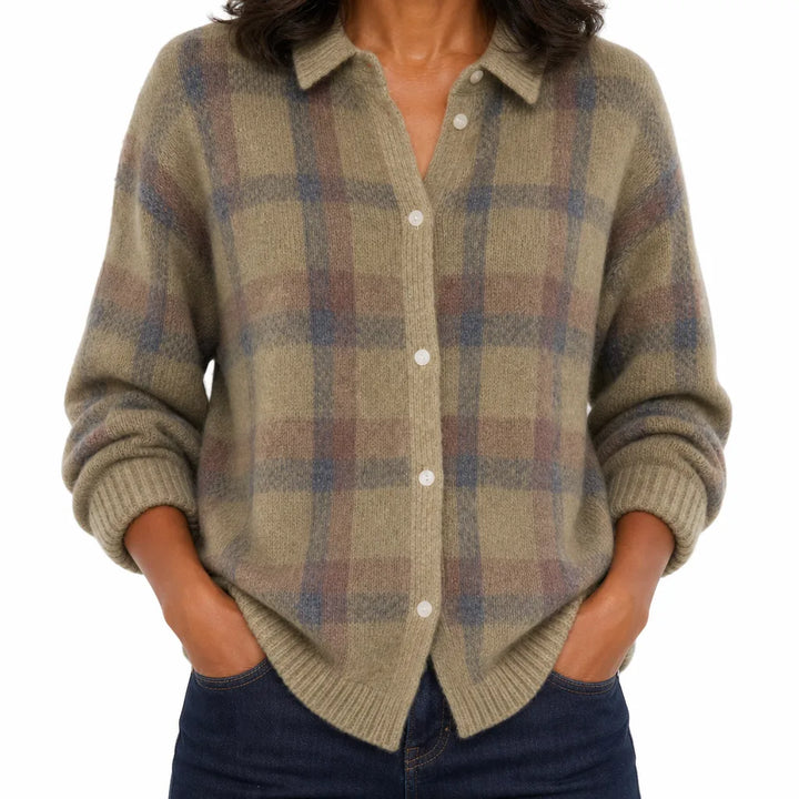 Hazel | Women's Classic Plaid Cardigan Shirt - Size:XS;Color:Khaki