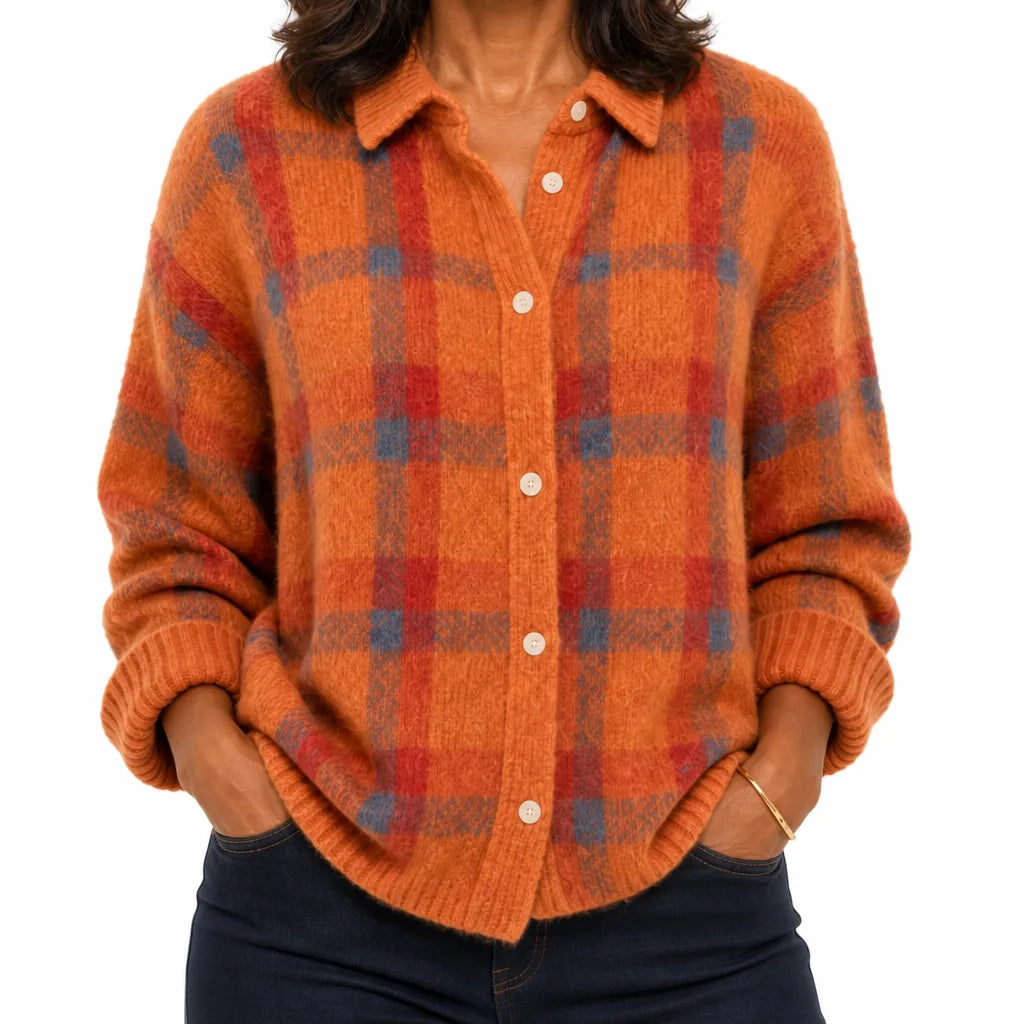 Hazel | Women's Classic Plaid Cardigan Shirt - Size:XS;Color:Orange