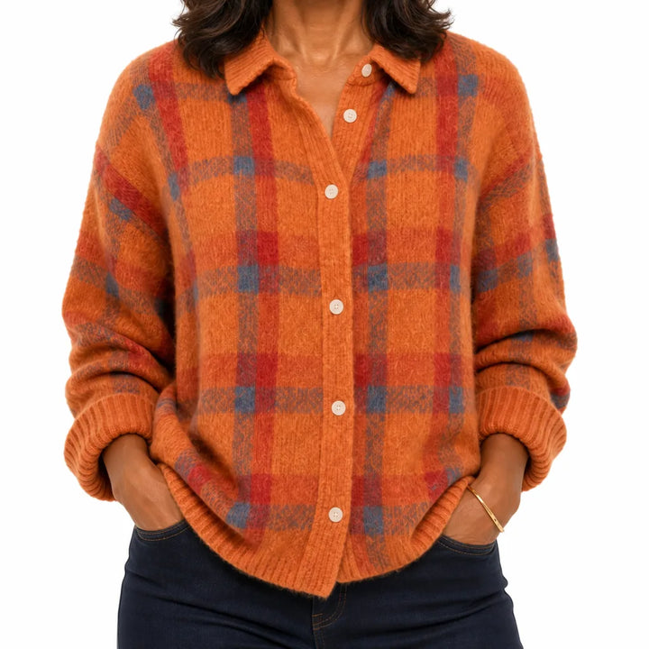 Hazel | Women's Classic Plaid Cardigan Shirt - Size:XS;Color:Orange