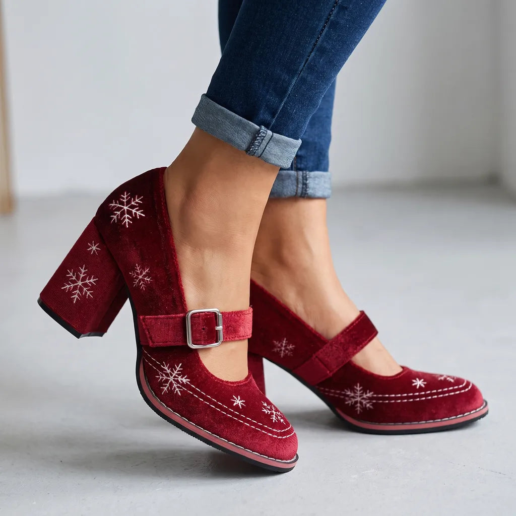 Holly | Women's Festive Mary Jane Christmas Heels - Color:Wine Red;Size:35