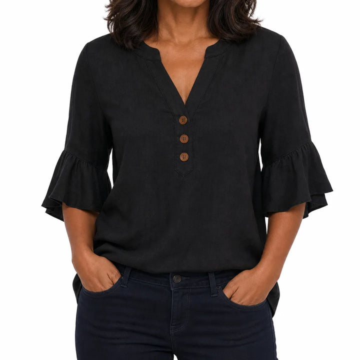 Imogen | Womens Ruffle Sleeve Blouse - Color:Black;Size:XS