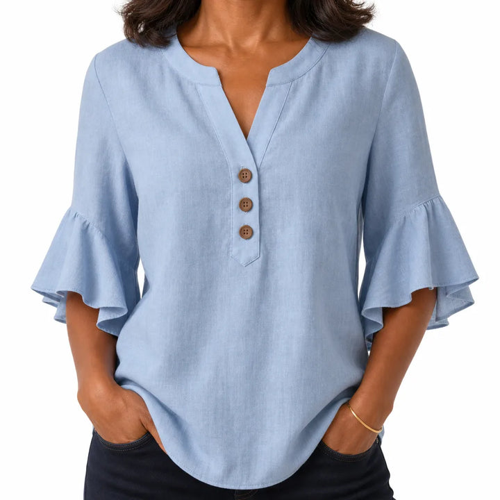 Imogen | Womens Ruffle Sleeve Blouse - Color:Blue;Size:XS