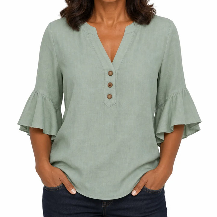 Imogen | Womens Ruffle Sleeve Blouse - Color:Green;Size:XS
