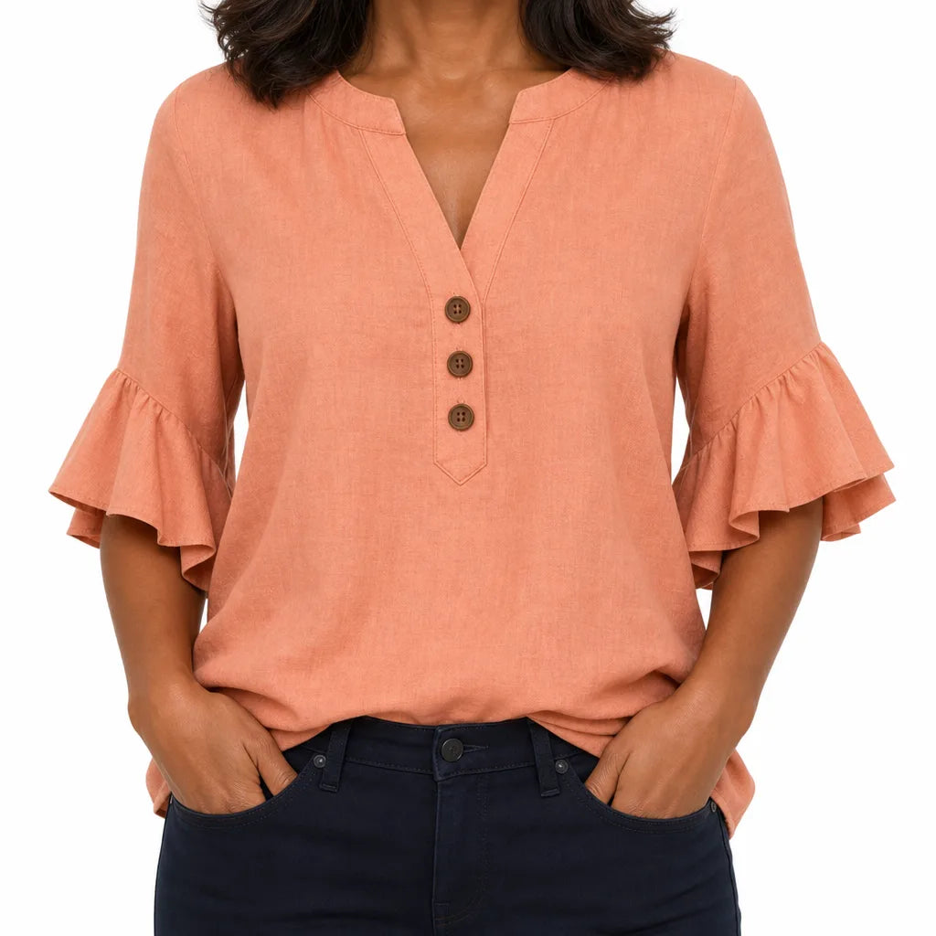 Imogen | Womens Ruffle Sleeve Blouse - Color:Orange;Size:XS