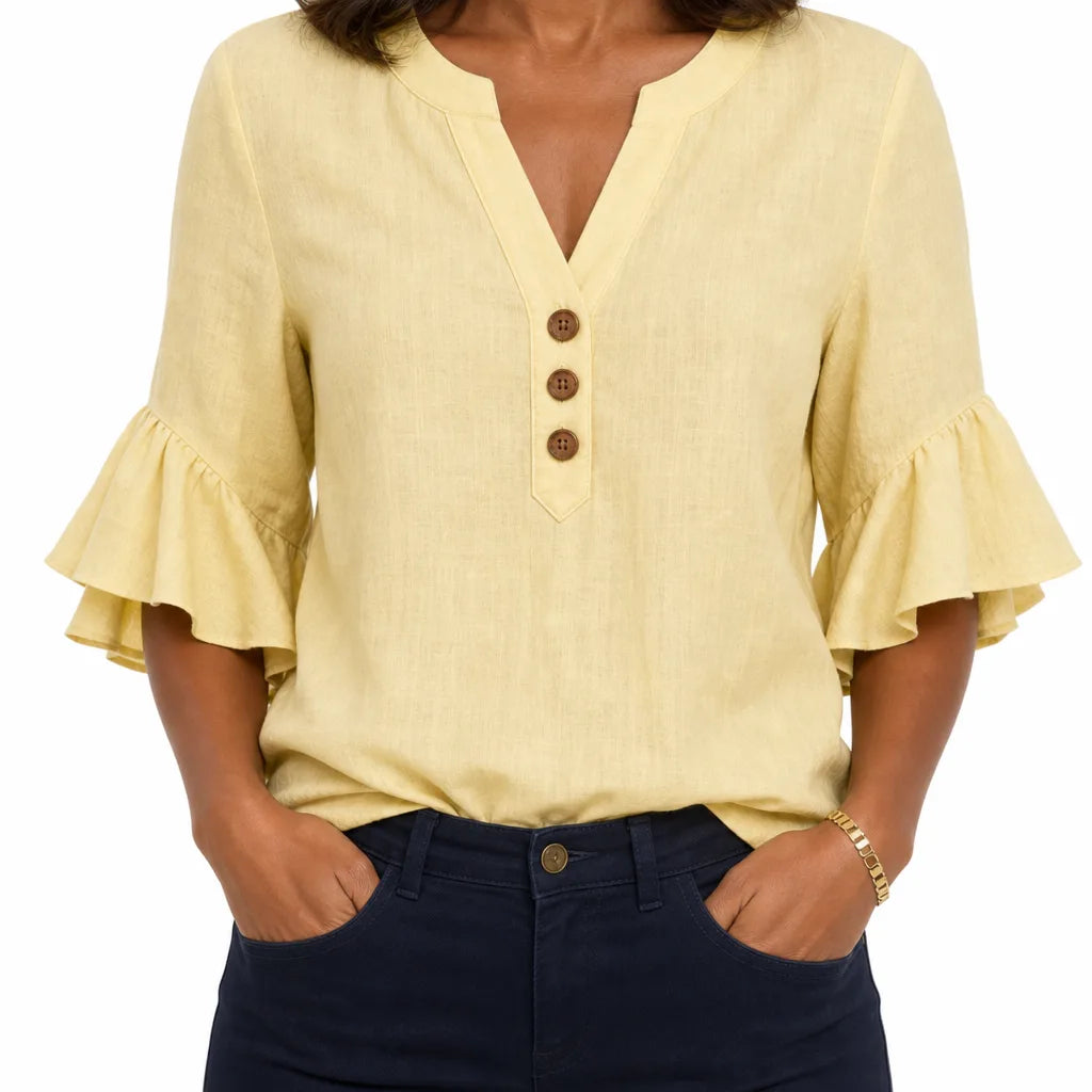 Imogen | Womens Ruffle Sleeve Blouse - Color:Yellow;Size:XS