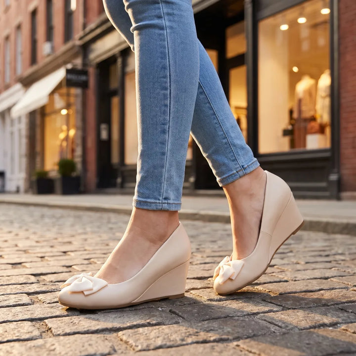 Women's Beige Doyle Bow Wedge Flats