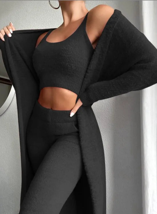 Iris | Women's Soft Fleece Tank Cardigan Set - Color:Black;Size:XS