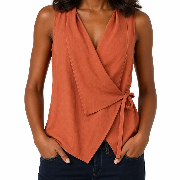 Isabelle Draped Wrap Blouse - Color:Orange Red;Size:XS