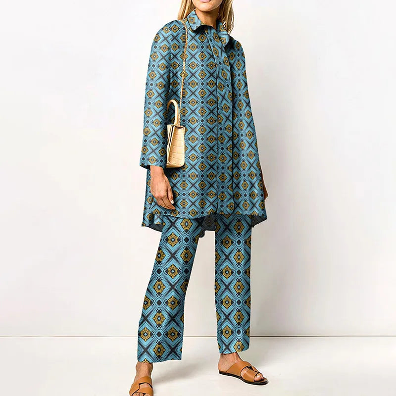 Jacqueline | Women's Vintage Blouse and Pants Set   - Size:XS;Color:Blue