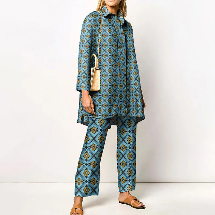 Jacqueline | Women's Vintage Blouse and Pants Set   - Size:XS;Color:Blue