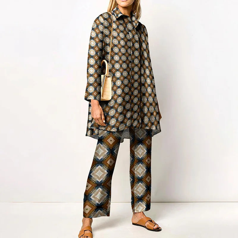 Jacqueline | Women's Vintage Blouse and Pants Set   - Size:XS;Color:Brown