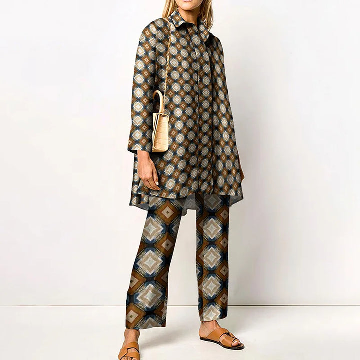 Jacqueline | Women's Vintage Blouse and Pants Set   - Size:XS;Color:Brown