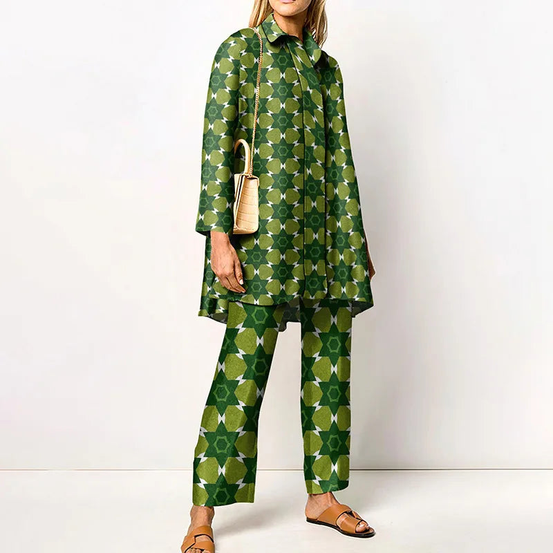Jacqueline | Women's Vintage Blouse and Pants Set   - Size:XS;Color:Green 2