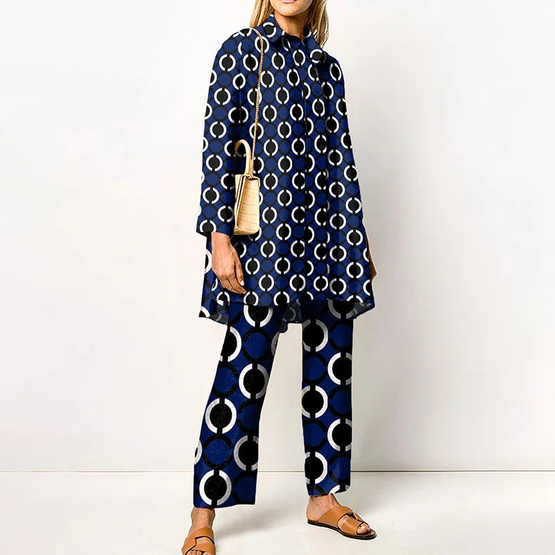 Jacqueline | Women's Vintage Blouse and Pants Set   - Size:XS;Color:Marine Blue
