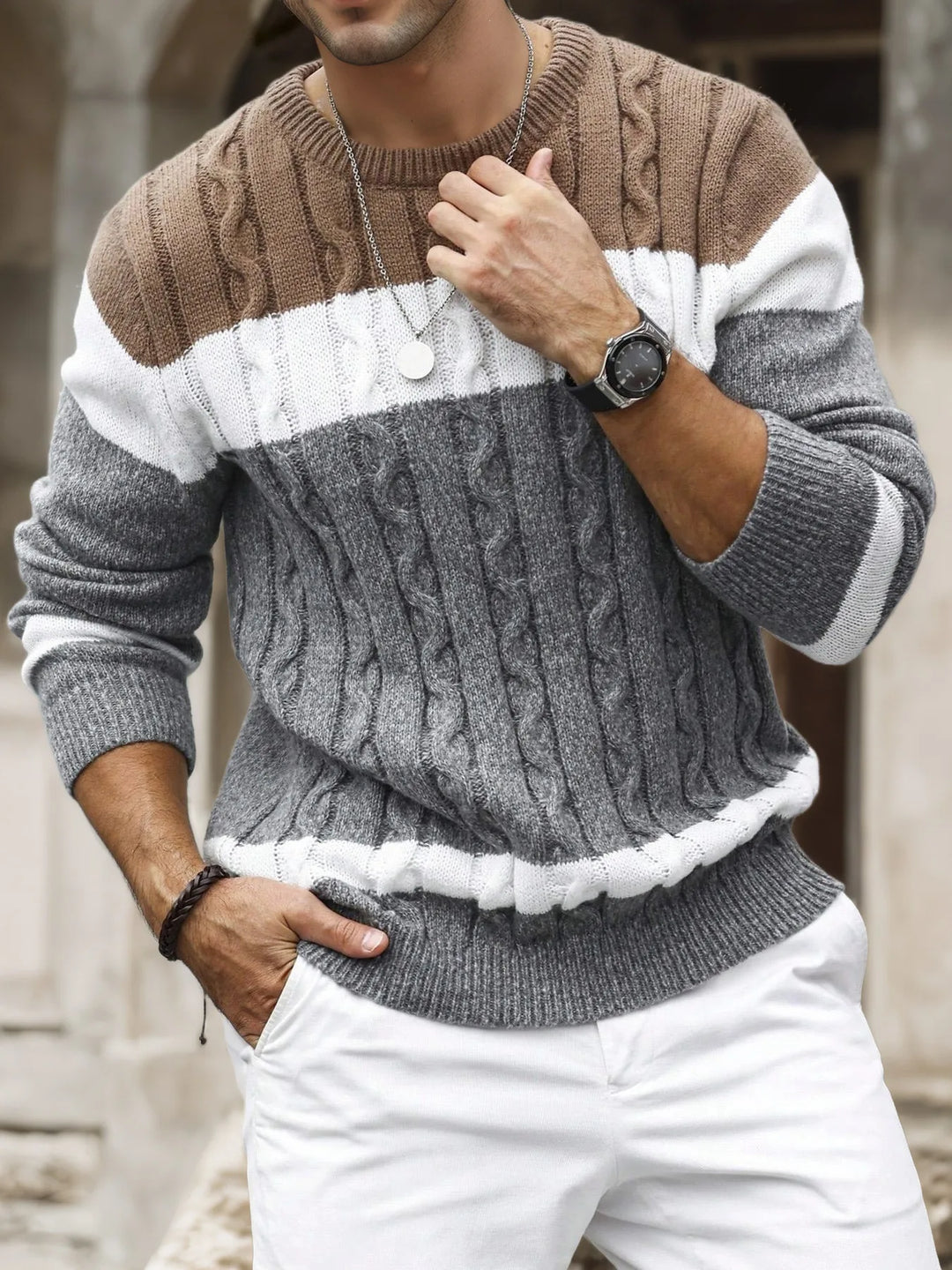 Jamie | Men's Cable Knit Colorblock Sweater  - Color:Gray and Khaki;Size:XS