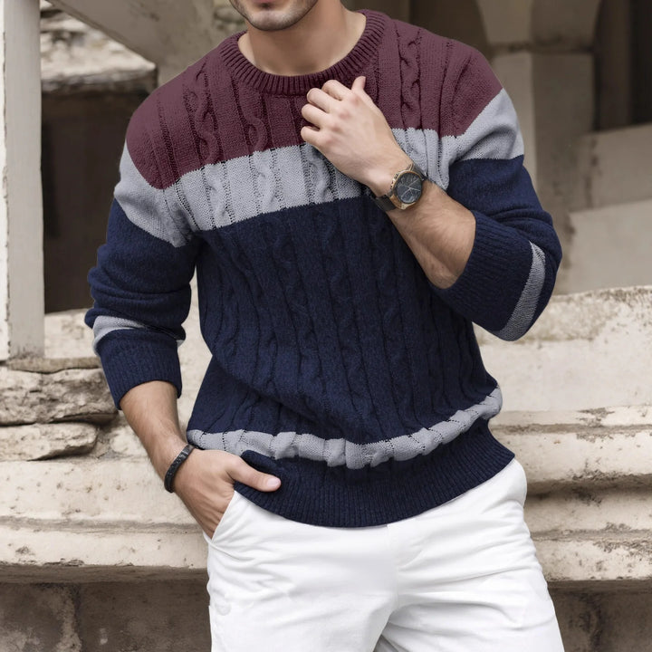 Jamie | Men's Cable Knit Colorblock Sweater  - Color:Royal Blue Stitching Coffee Red;Size:XS