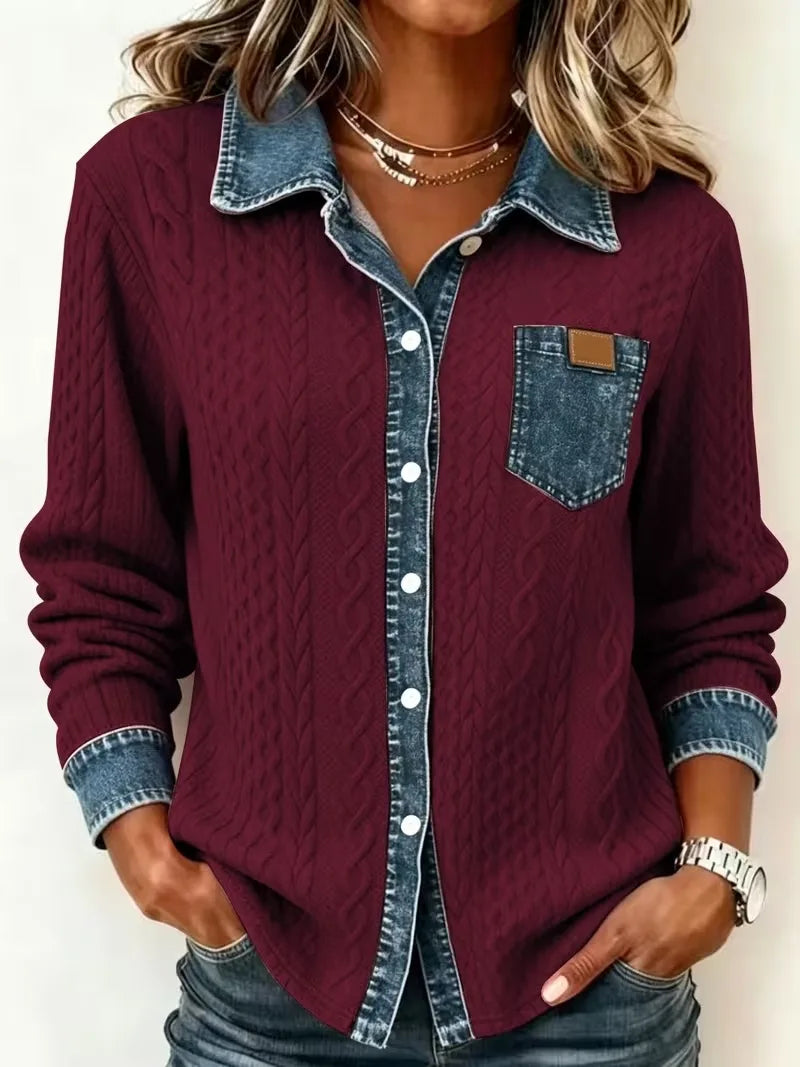 Jana | Women's Denim Look Cardigan - Size:XS;Color:Burgundy