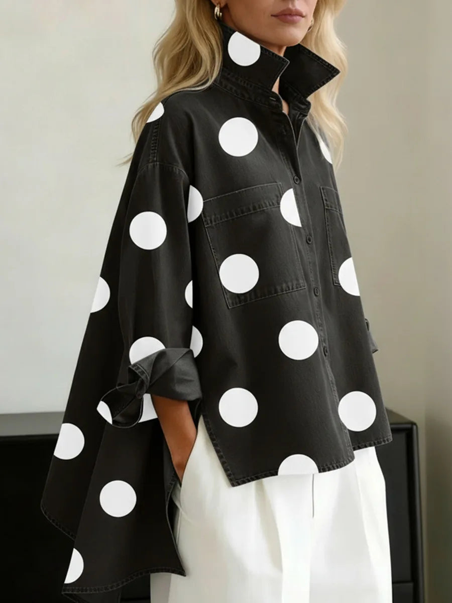 Jennifer | Polka Denim Blouse - Color:Black;Size:XS