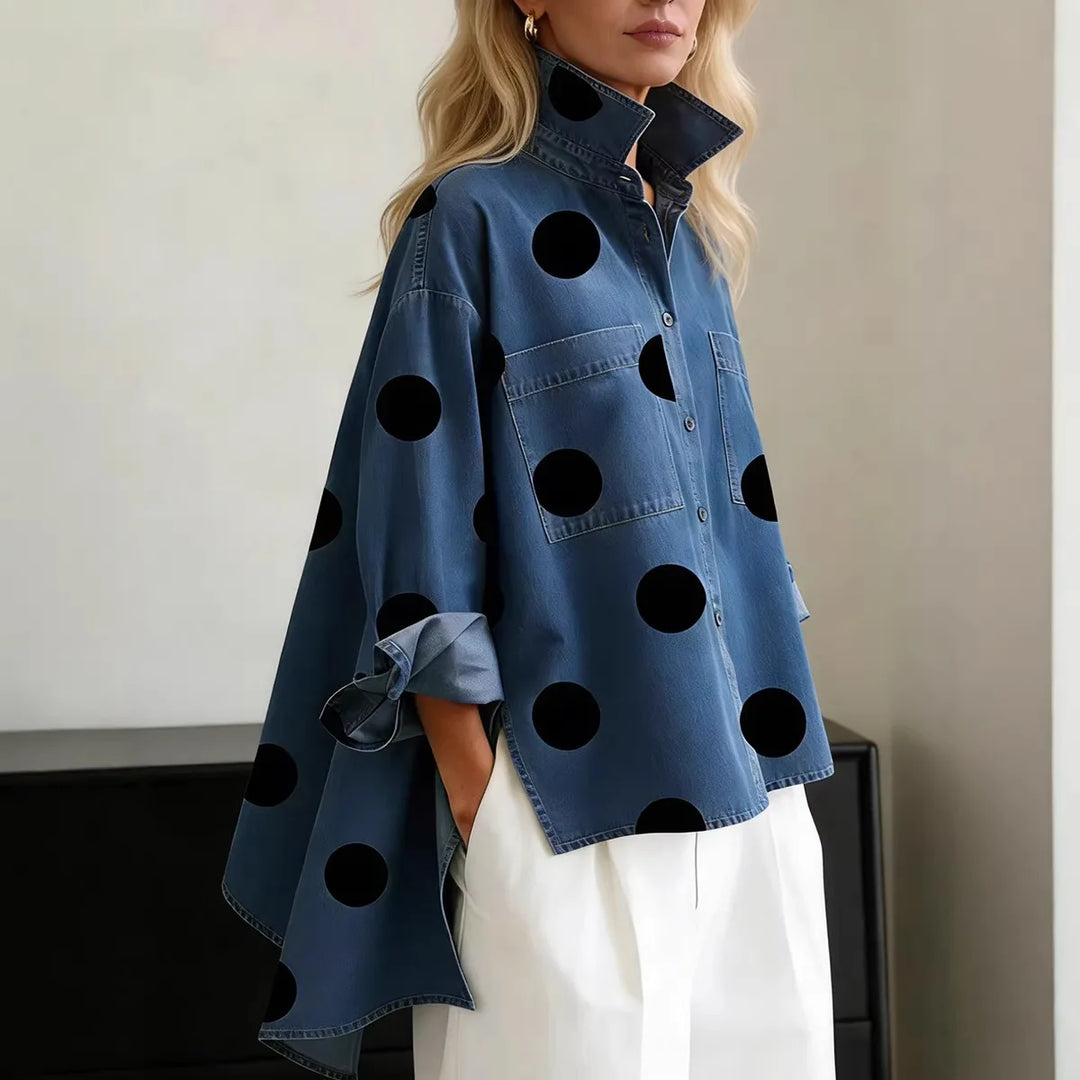Jennifer | Polka Denim Blouse - Color:Blue;Size:XS