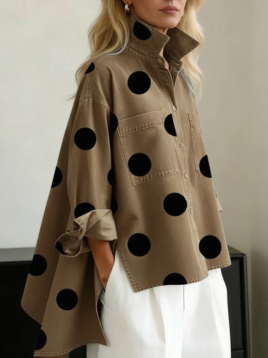 Jennifer | Polka Denim Blouse - Color:Khaki;Size:XS