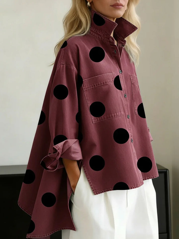 Jennifer | Polka Denim Blouse - Color:Red;Size:XS