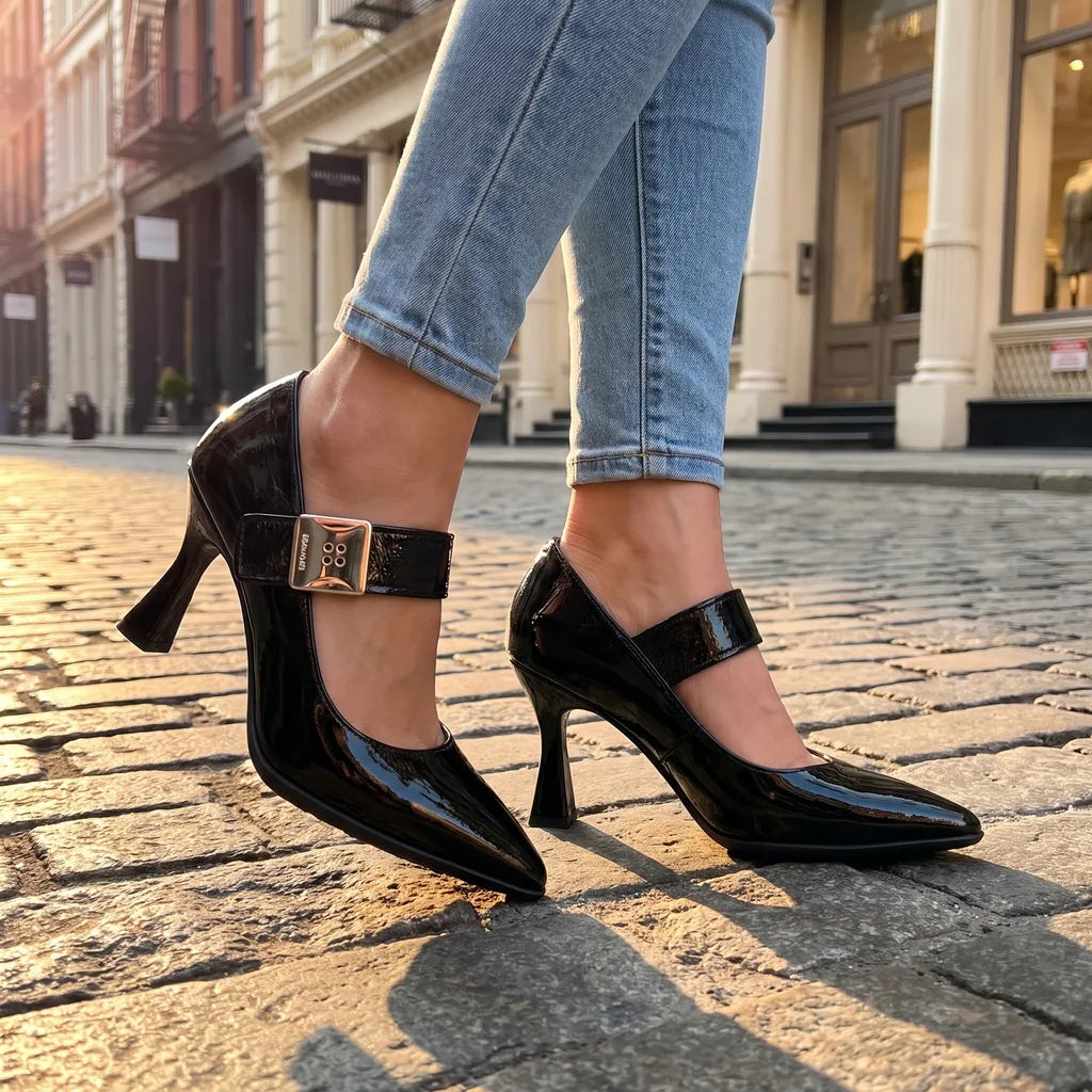 Women's Black Sterling Pointed Buckle Pumps