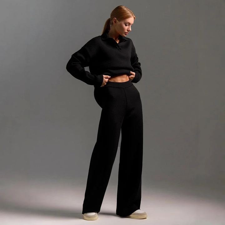 Jennifer | Women's Polo Sweater and Wide-Leg Pants Set   - Size:XXS;Color:Black