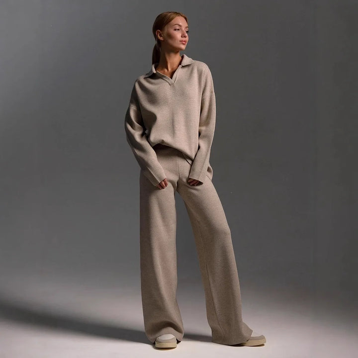 Jennifer | Women's Polo Sweater and Wide-Leg Pants Set   - Size:XXS;Color:Cream