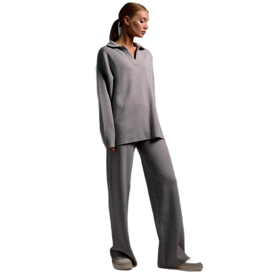 Jennifer | Women's Polo Sweater and Wide-Leg Pants Set   - Size:XXS;Color:Gray