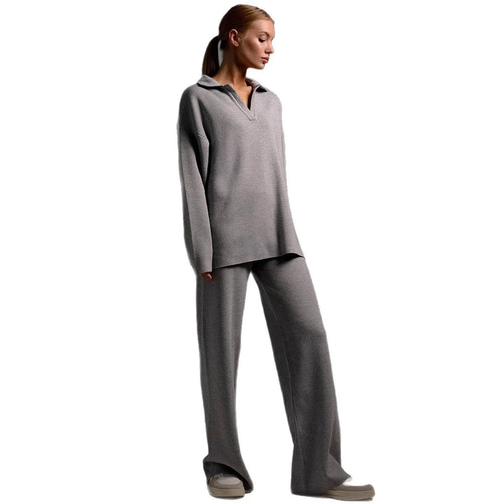 Jennifer | Women's Polo Sweater and Wide-Leg Pants Set   - Size:XXS;Color:Gray