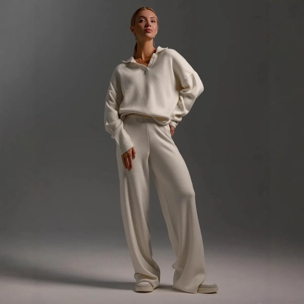 Jennifer | Women's Polo Sweater and Wide-Leg Pants Set   - Size:XXS;Color:White