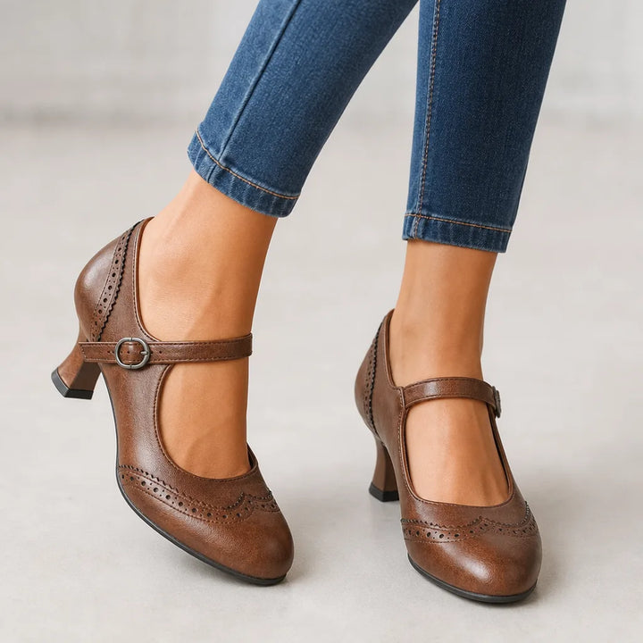 Jessica | Women's Vintage Mary Jane Heels - Color:Brown;Size:35