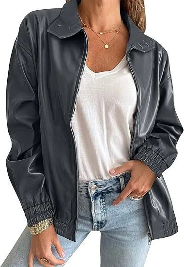 Jocelyn | Women's Leahter-Look Jacket - Size:XS;Color:Dark Gray