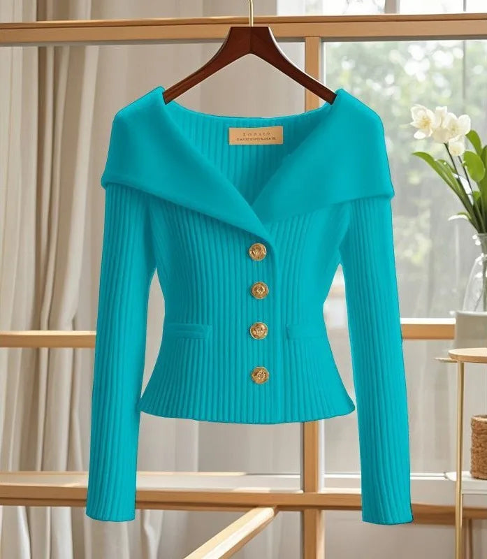 Jodie | Women's Elegant Knit Cardigan  - Color:Blue;Size:S