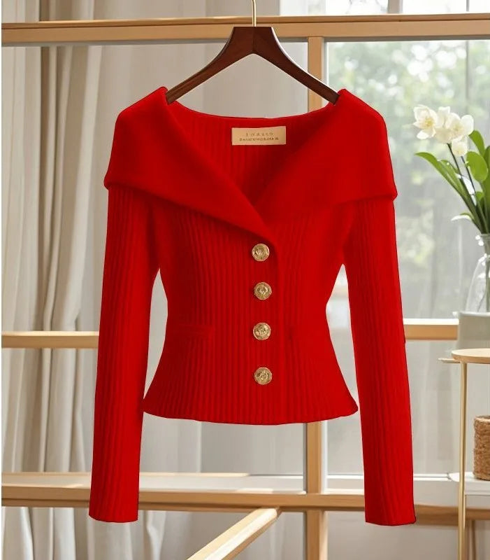 Jodie | Women's Elegant Knit Cardigan  - Color:Red;Size:S