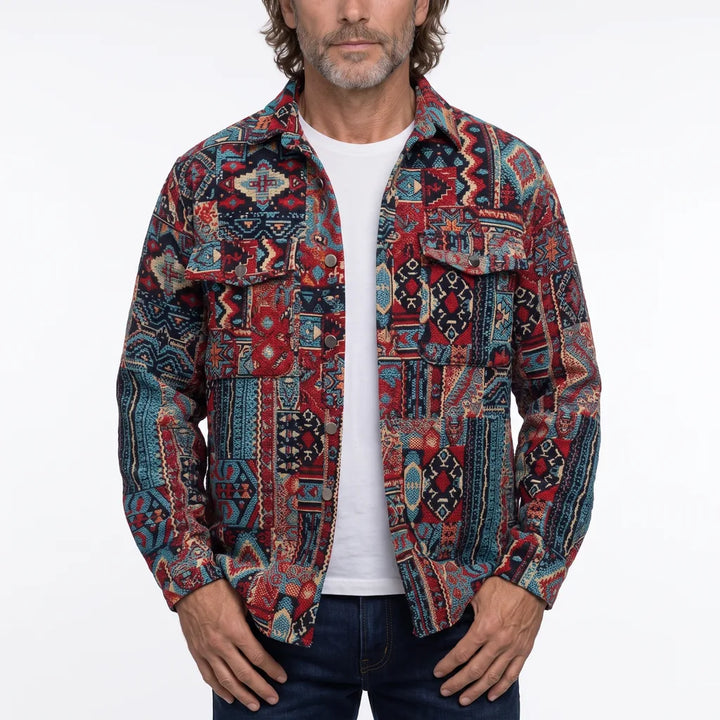 Jose | Men's Patterned Lapel Zip Jacket - Color:Burgundy;Size:S