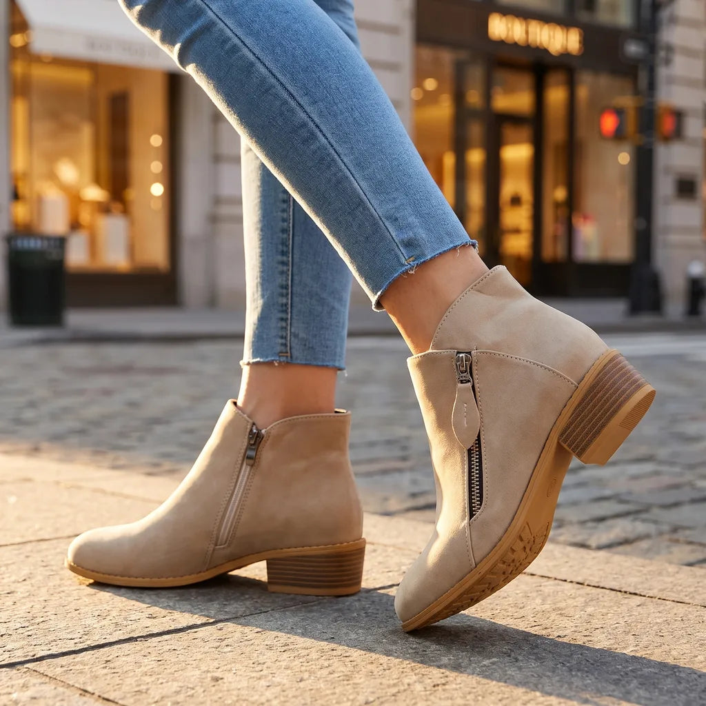 Juno | Womens Fall Block Heel Ankle Boots - Color:Beige;Size:36