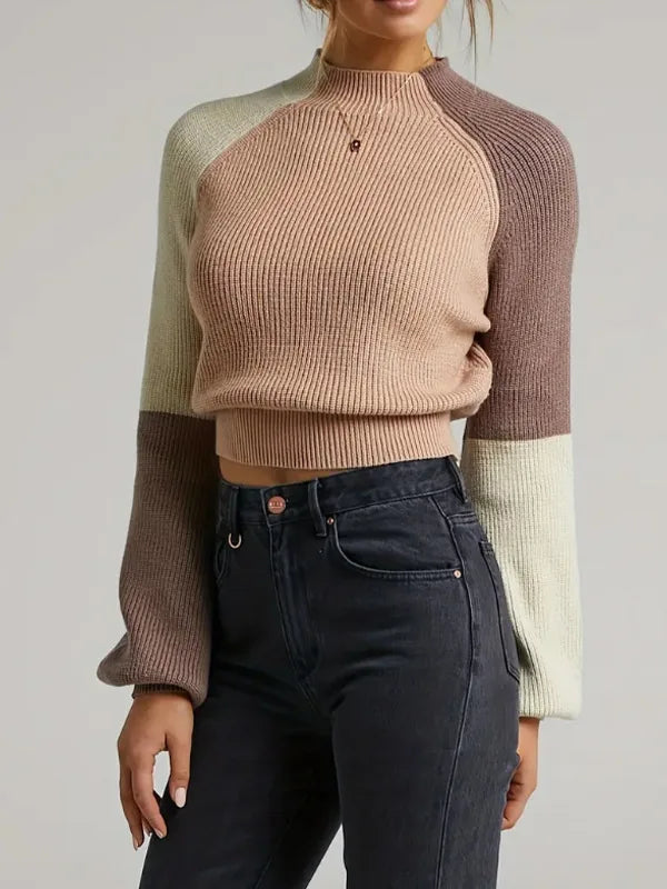 Kameron | Women's Soft Knit Colorblock Sweater  - Color:Khaki;Size:XS
